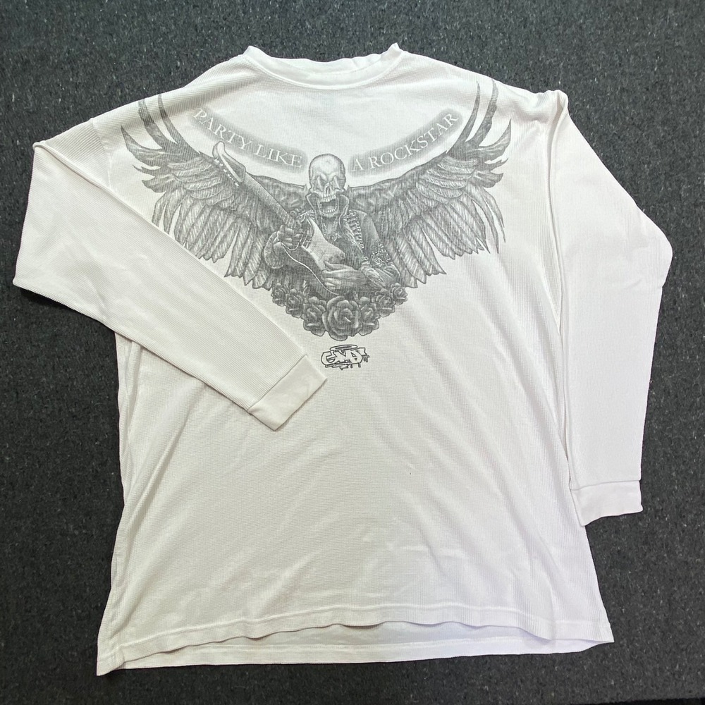 Give Me Face Biker‎ Men 3XL Rockstar Skull Graphic White Waffle Thermal Shirt
